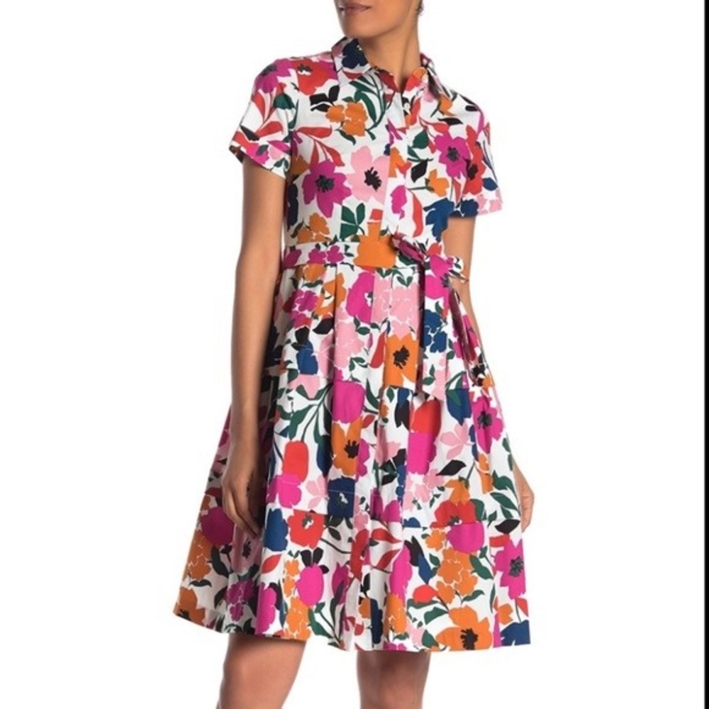 Donna Morgan Floral Ruffle Hem Shirt Dress Size 4 Pink Red Dopamine Dressing EUC